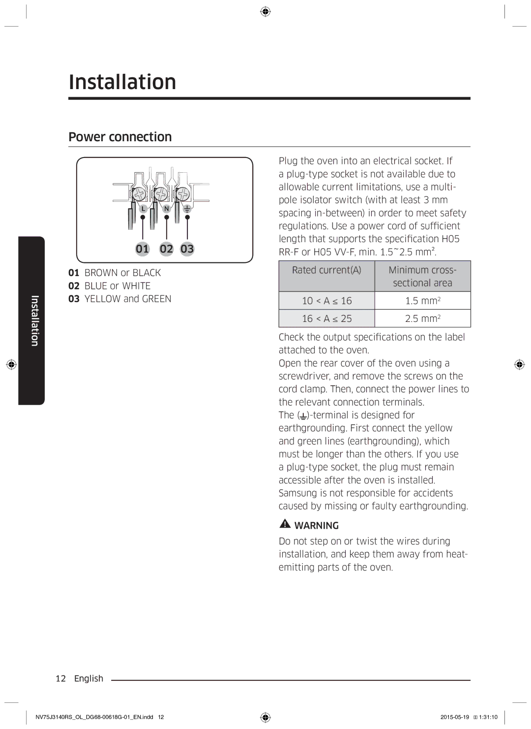 Samsung NV75J3140RS/OL, NV75J3140BS/OL, NV75J3140BB/OL manual Power connection 