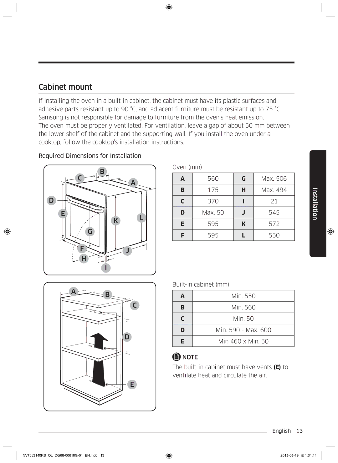 Samsung NV75J3140BS/OL, NV75J3140BB/OL manual Cabinet mount, Built-in cabinet mm, Built-in cabinet must have vents E to 