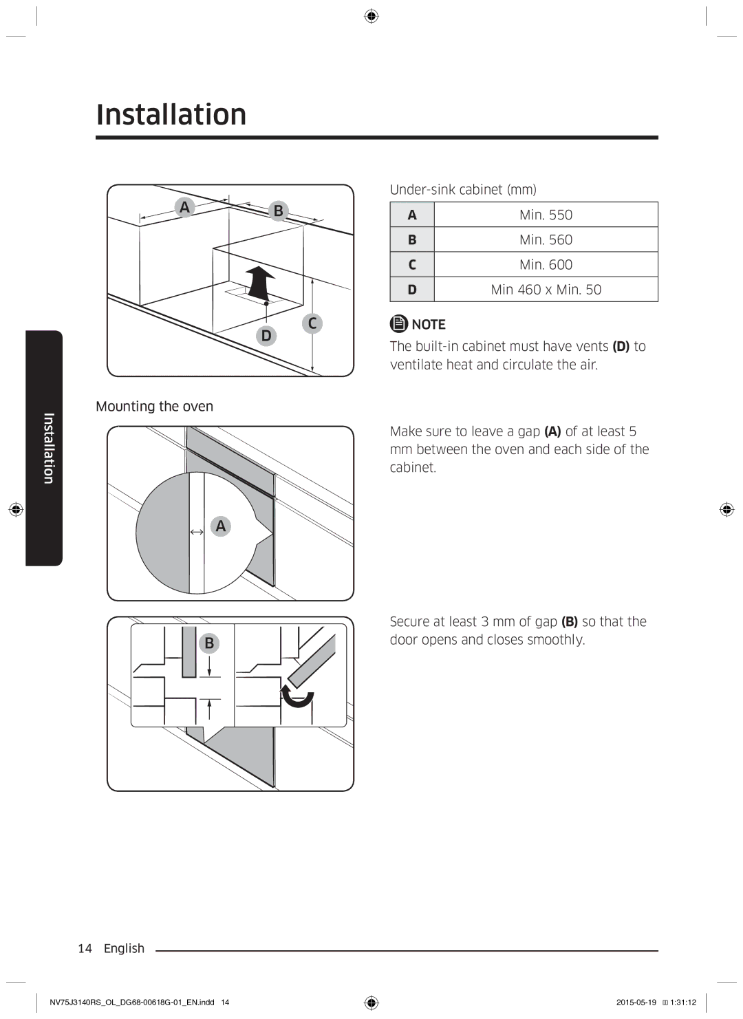 Samsung NV75J3140BB/OL, NV75J3140BS/OL, NV75J3140RS/OL manual Mounting the oven Under-sink cabinet mm, Min 