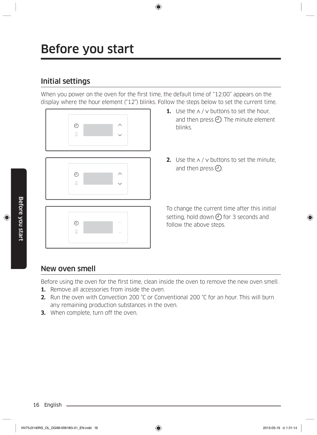 Samsung NV75J3140BS/OL, NV75J3140BB/OL, NV75J3140RS/OL manual Before you start, Initial settings, New oven smell 