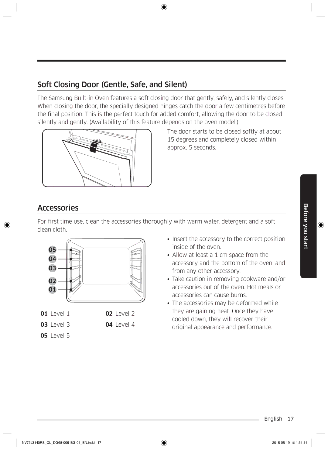 Samsung NV75J3140BB/OL, NV75J3140BS/OL, NV75J3140RS/OL manual Soft Closing Door Gentle, Safe, and Silent, Accessories, Level 