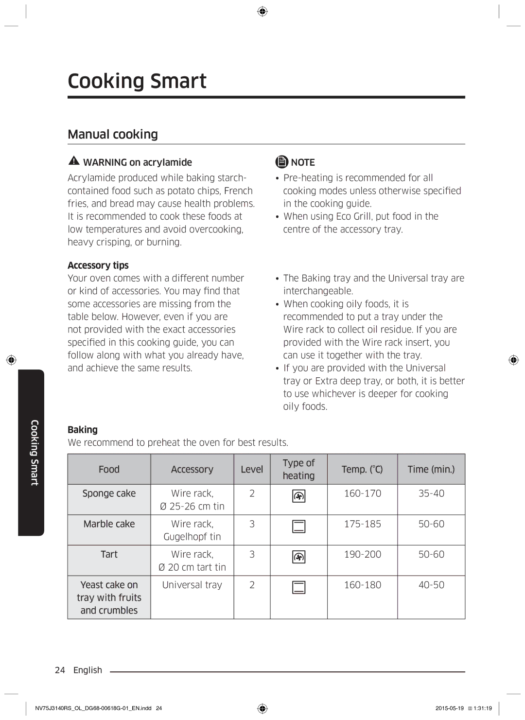 Samsung NV75J3140RS/OL, NV75J3140BS/OL, NV75J3140BB/OL manual Cooking Smart, Manual cooking, Accessory tips, Baking 