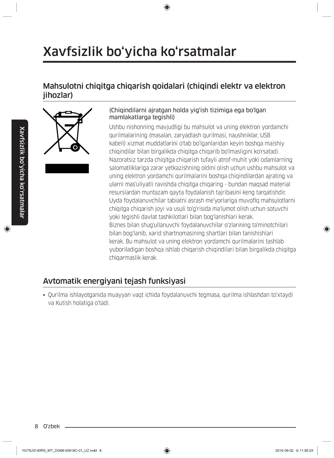 Samsung NV75J3140BW/WT, NV75J3140RS/WT, NV75J3140RW/WT, NV75J3140BB/WT, NV75J3140BS/WT Avtomatik energiyani tejash funksiyasi 