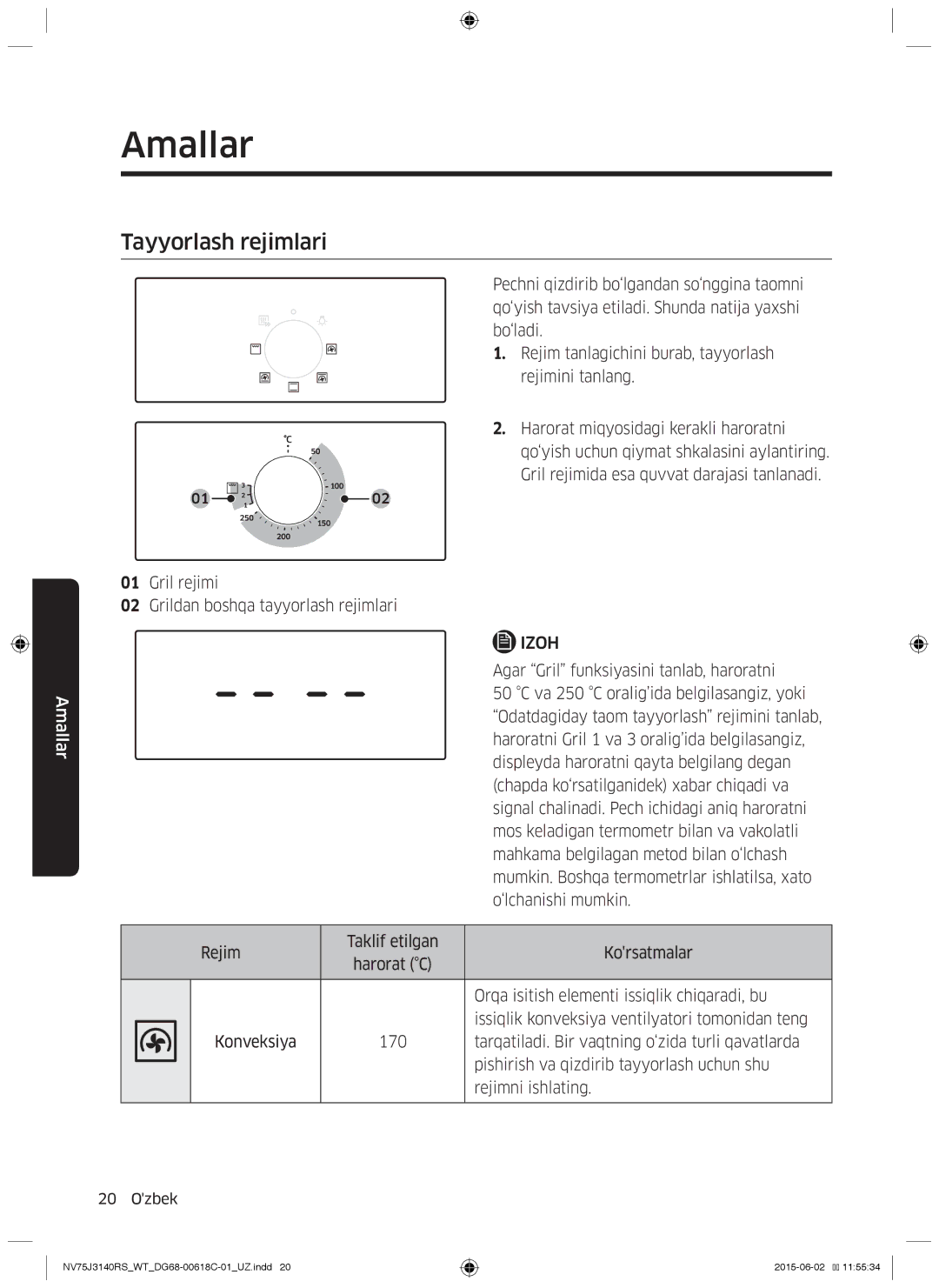 Samsung NV75J3140RW/WT, NV75J3140BW/WT, NV75J3140RS/WT, NV75J3140BB/WT, NV75J3140BS/WT manual Tayyorlash rejimlari 