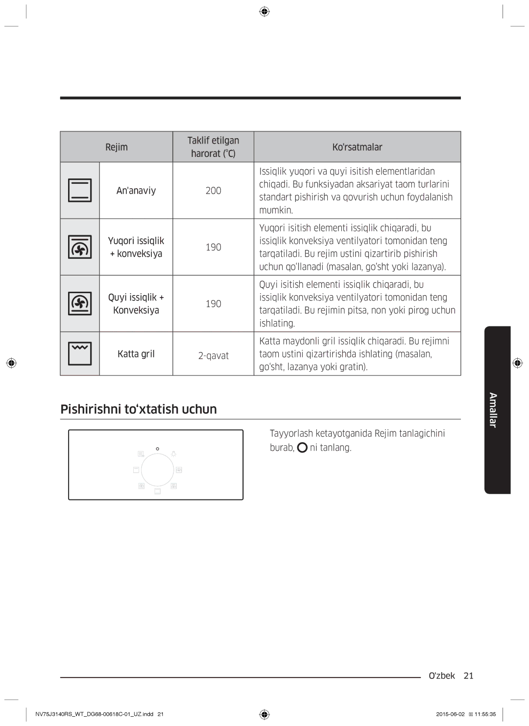 Samsung NV75J3140BB/WT, NV75J3140BW/WT manual Pishirishni to‘xtatish uchun, Issiqlik yuqori va quyi isitish elementlaridan 