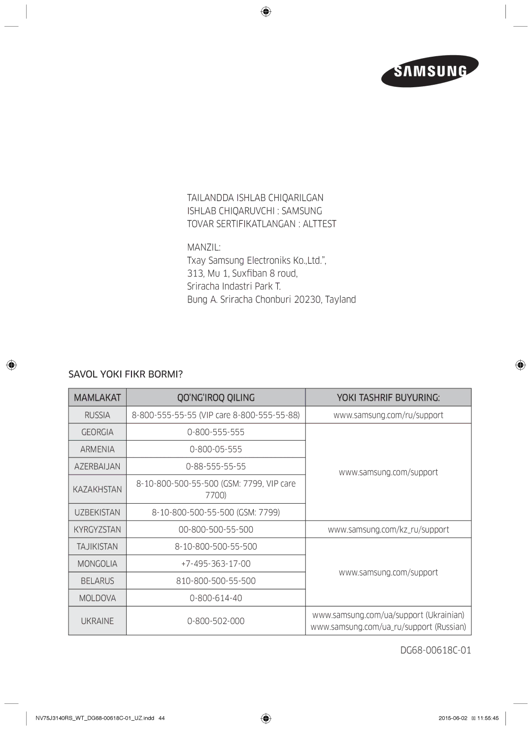 Samsung NV75J3140RS/WT, NV75J3140BW/WT, NV75J3140RW/WT manual Bung A. Sriracha Chonburi 20230, Tayland, DG68-00618C-01 