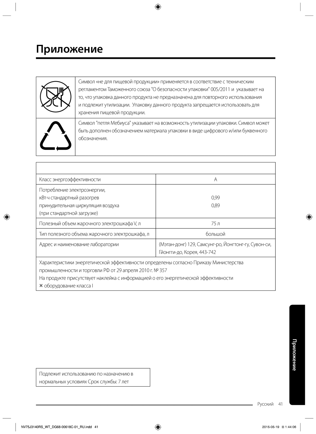 Samsung NV75J3140RS/WT manual Приложение, Адрес и наименование лаборатории, Гйонгги-до, Корея,  оборудование класса 