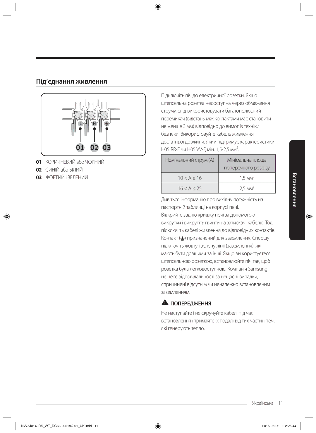 Samsung NV75J3140BW/WT, NV75J3140RS/WT, NV75J3140RW/WT, NV75J3140BB/WT, NV75J3140BS/WT Під’єднання живлення, Мінімальна площа 