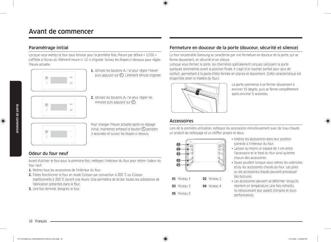 Samsung NV75J3140RS/EF manual Avant de commencer, Paramétrage initial, Accessoires, Odeur du four neuf, Niveau 