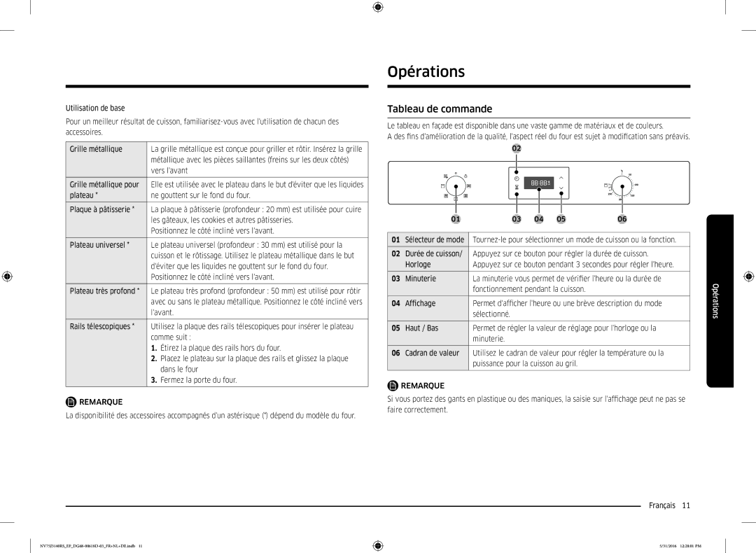 Samsung NV75J3140RS/EF manual Opérations, Tableau de commande 