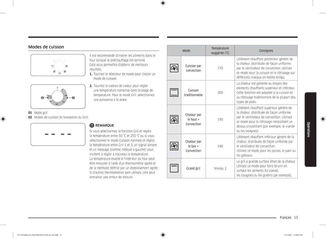 Samsung NV75J3140RS/EF manual Modes de cuisson 