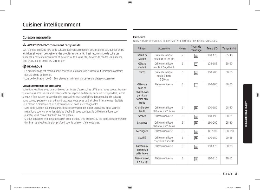 Samsung NV75J3140RS/EF manual Cuisiner intelligemment, Cuisson manuelle, Conseils concernant les accessoires, Faire cuire 