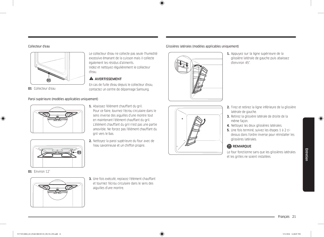 Samsung NV75J3140RS/EF manual Videz et nettoyez régulièrement le collecteur deau 