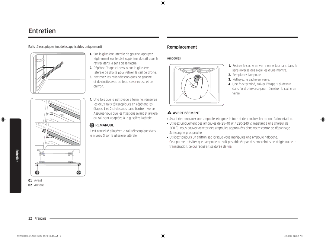 Samsung NV75J3140RS/EF manual Remplacement, Avant Arrière Français 