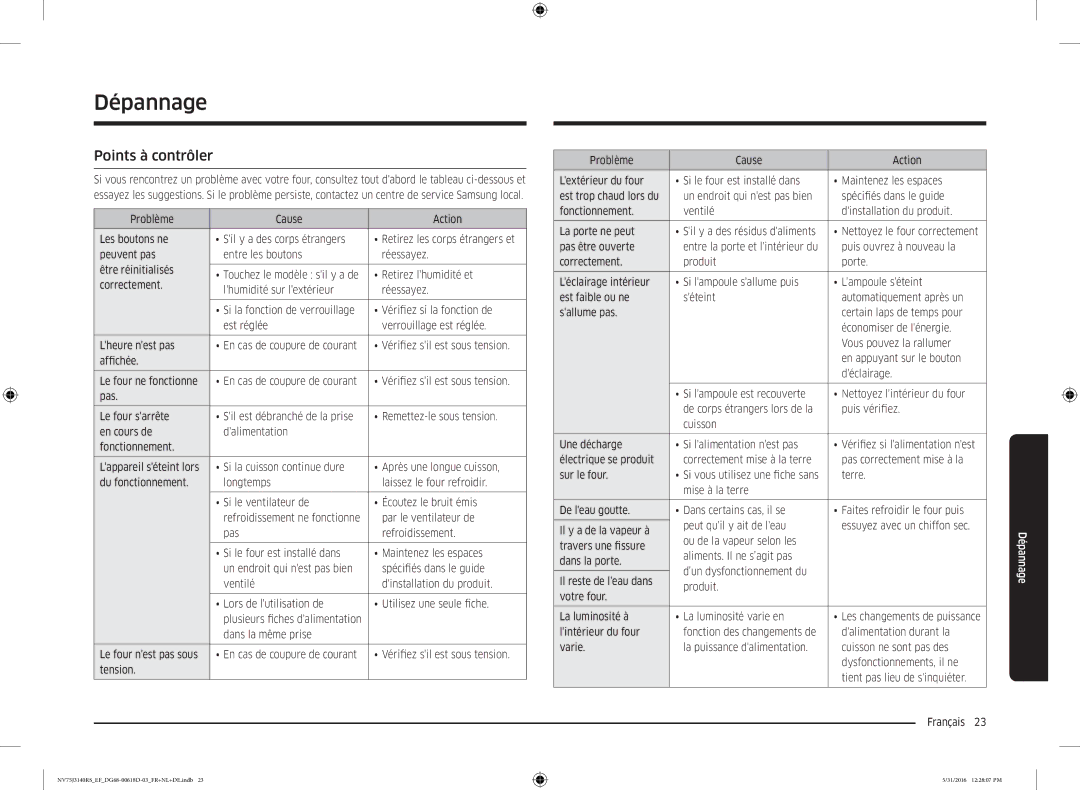 Samsung NV75J3140RS/EF manual Dépannage, Points à contrôler 