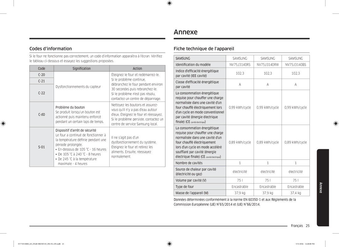 Samsung NV75J3140RS/EF manual Annexe, Codes dinformation, Fiche technique de lappareil 