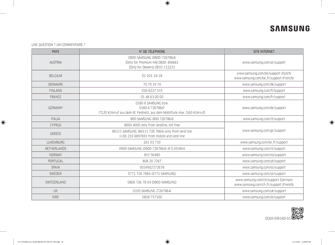 Samsung NV75J3140RS/EF manual 70 70 19, 815, 0818 DG68-00618D-03 