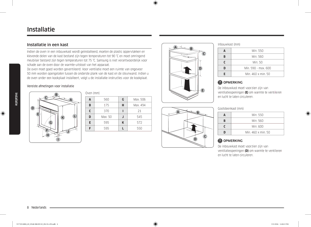 Samsung NV75J3140RS/EF manual Installatie in een kast, Min 