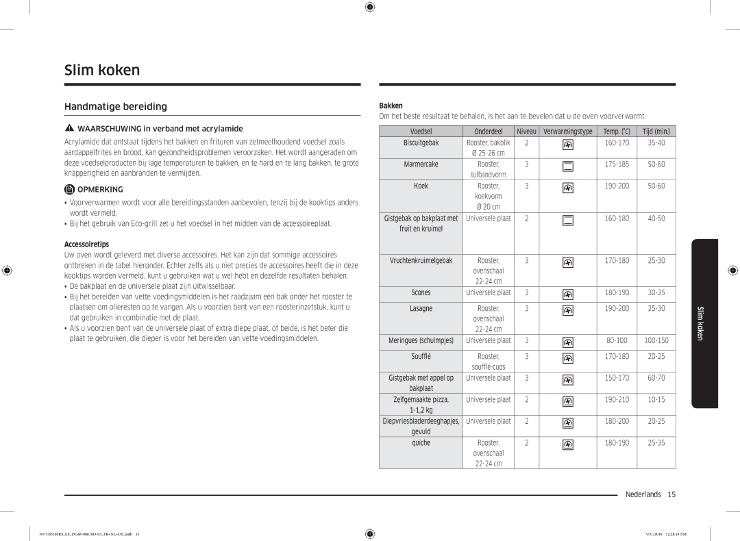 Samsung NV75J3140RS/EF manual Slim koken, Handmatige bereiding, Accessoiretips, Bakken, Tijd min 