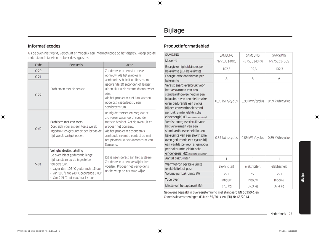 Samsung NV75J3140RS/EF manual Bijlage, Informatiecodes, Productinformatieblad 