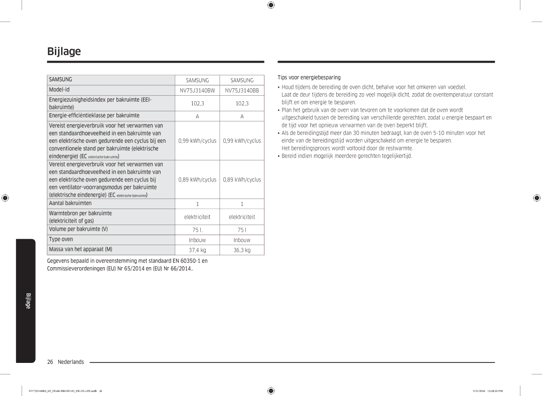 Samsung NV75J3140RS/EF manual Energiezuinigheidsindex per bakruimte EEI, Conventionele stand per bakruimte elektrische 