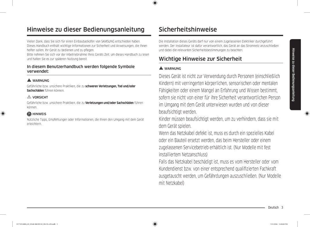 Samsung NV75J3140RS/EF manual Hinweise zu dieser Bedienungsanleitung, Sicherheitshinweise, Deutsch  