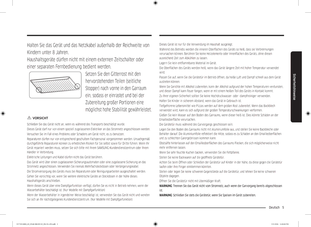 Samsung NV75J3140RS/EF manual Vorsicht 