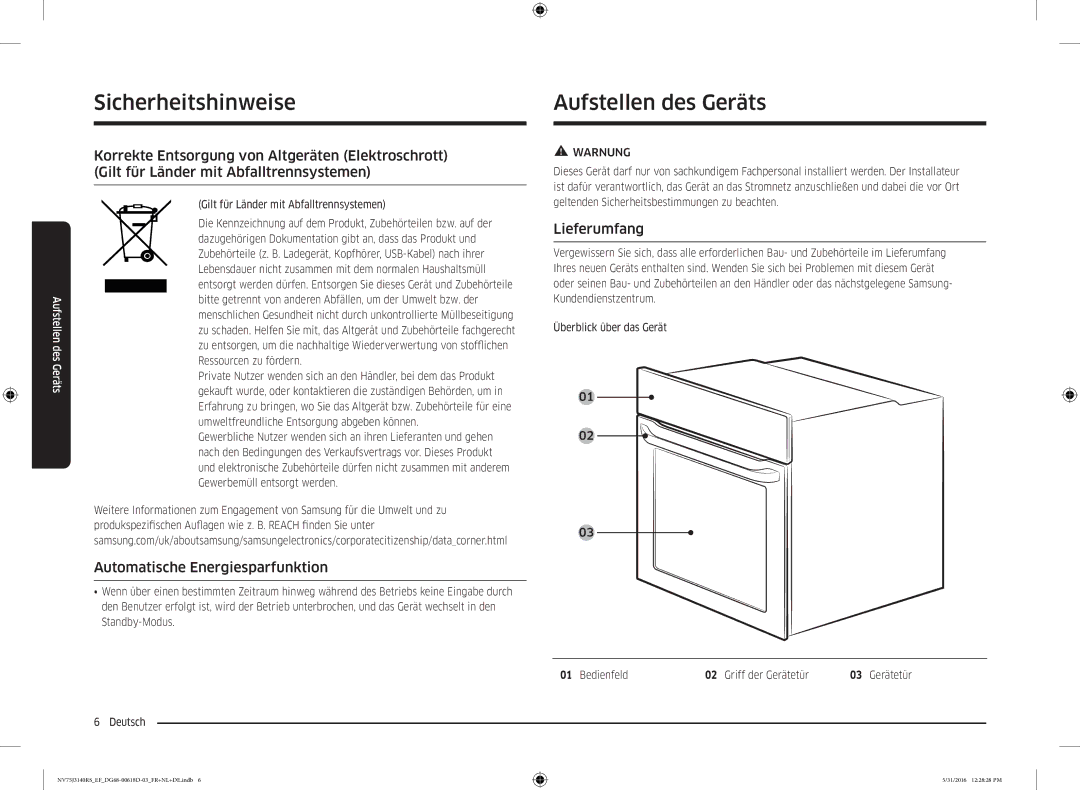 Samsung NV75J3140RS/EF manual Sicherheitshinweise Aufstellen des Geräts, Automatische Energiesparfunktion, Lieferumfang 