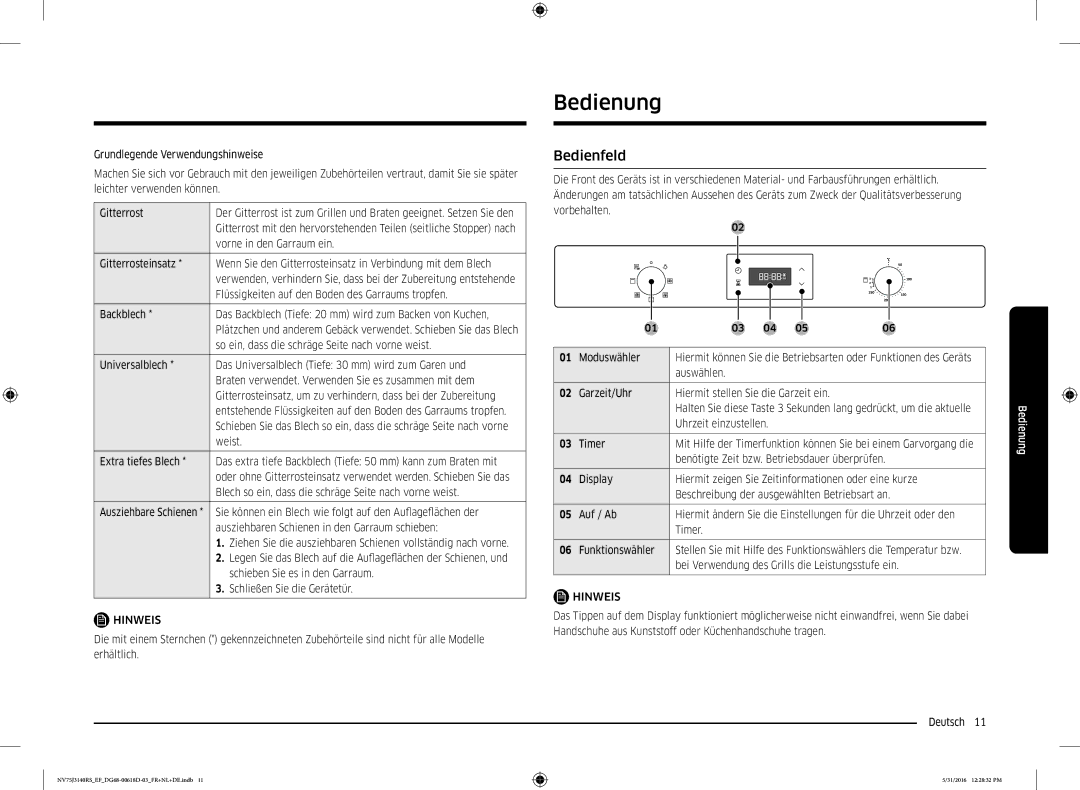 Samsung NV75J3140RS/EF manual Bedienung, Bedienfeld 