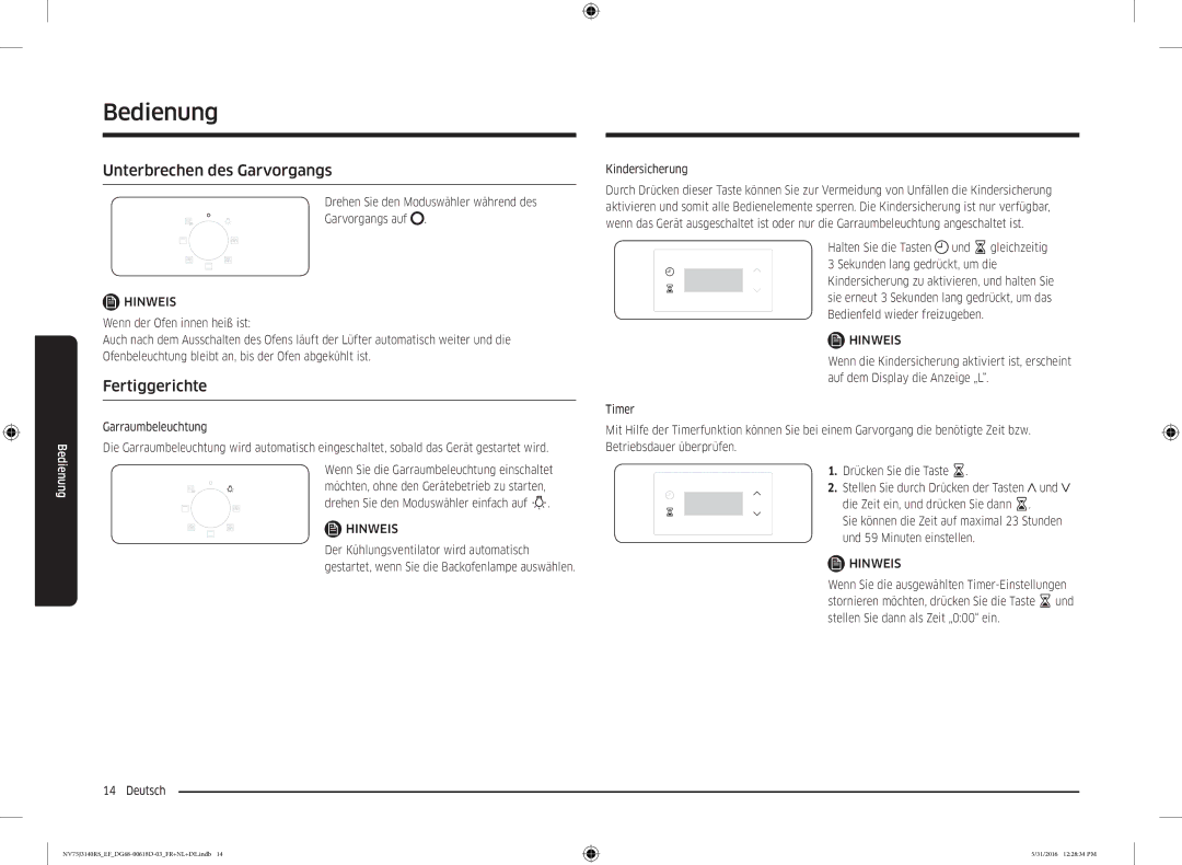 Samsung NV75J3140RS/EF manual Unterbrechen des Garvorgangs, Fertiggerichte, Deutsch Kindersicherung 