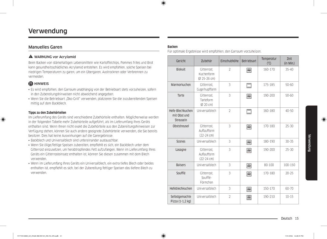 Samsung NV75J3140RS/EF manual Verwendung, Manuelles Garen, Tipps zu den Zubehörteilen, Backen, Betriebsart Temperatur Zeit 