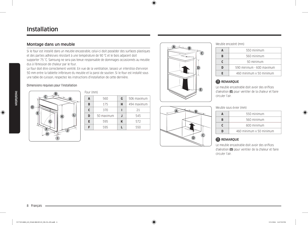 Samsung NV75J3140RS/EF manual Montage dans un meuble, Maximum 175 370 545 595 572 550, Minimum x 50 minimum 