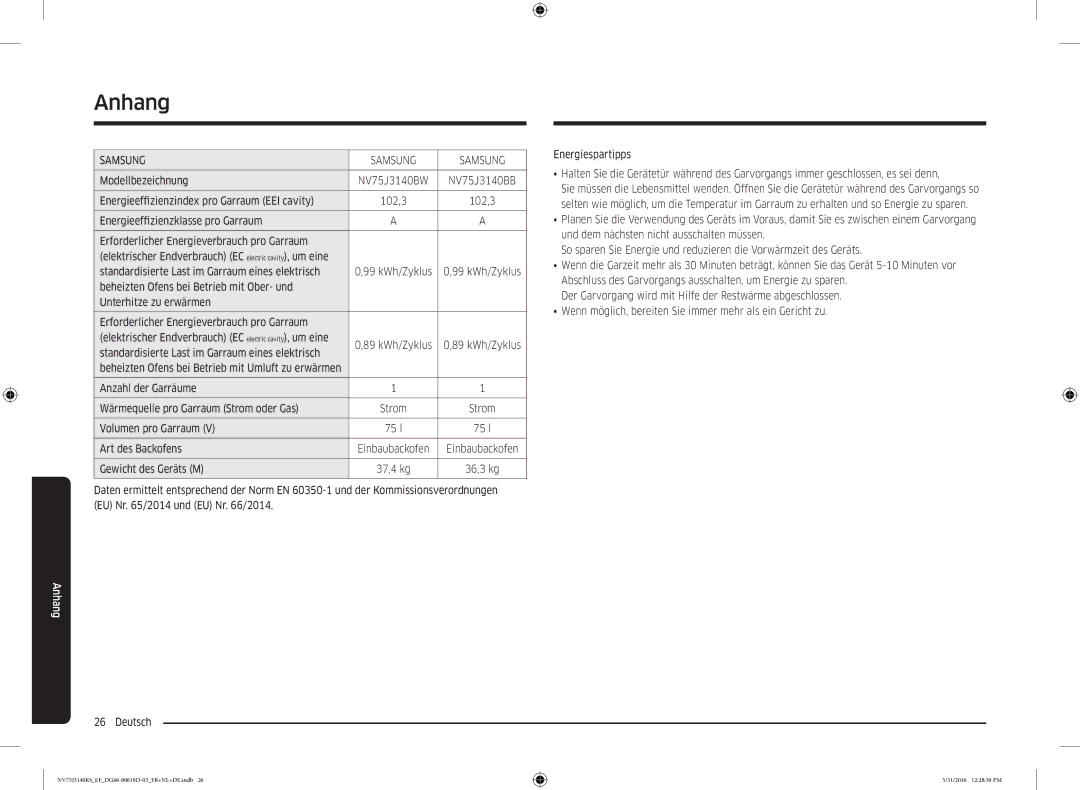 Samsung NV75J3140RS/EF manual Energieeffizienzindex pro Garraum EEI cavity 