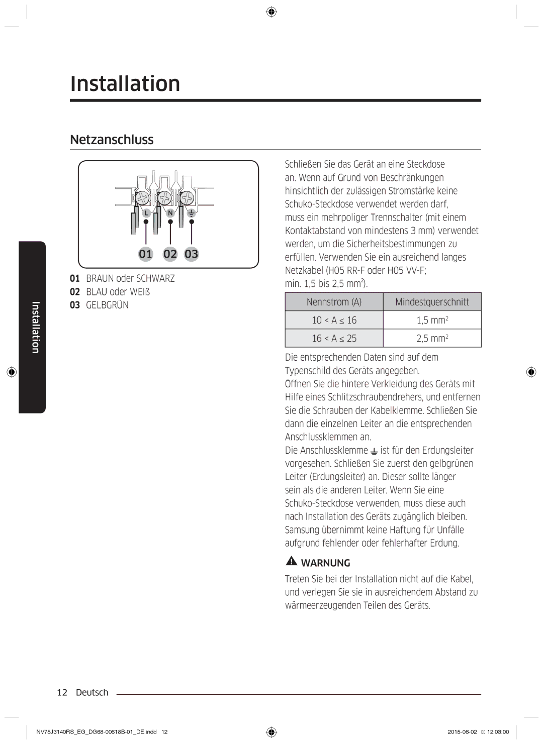 Samsung NV75J3140RS/EG manual Netzanschluss, 01 02 