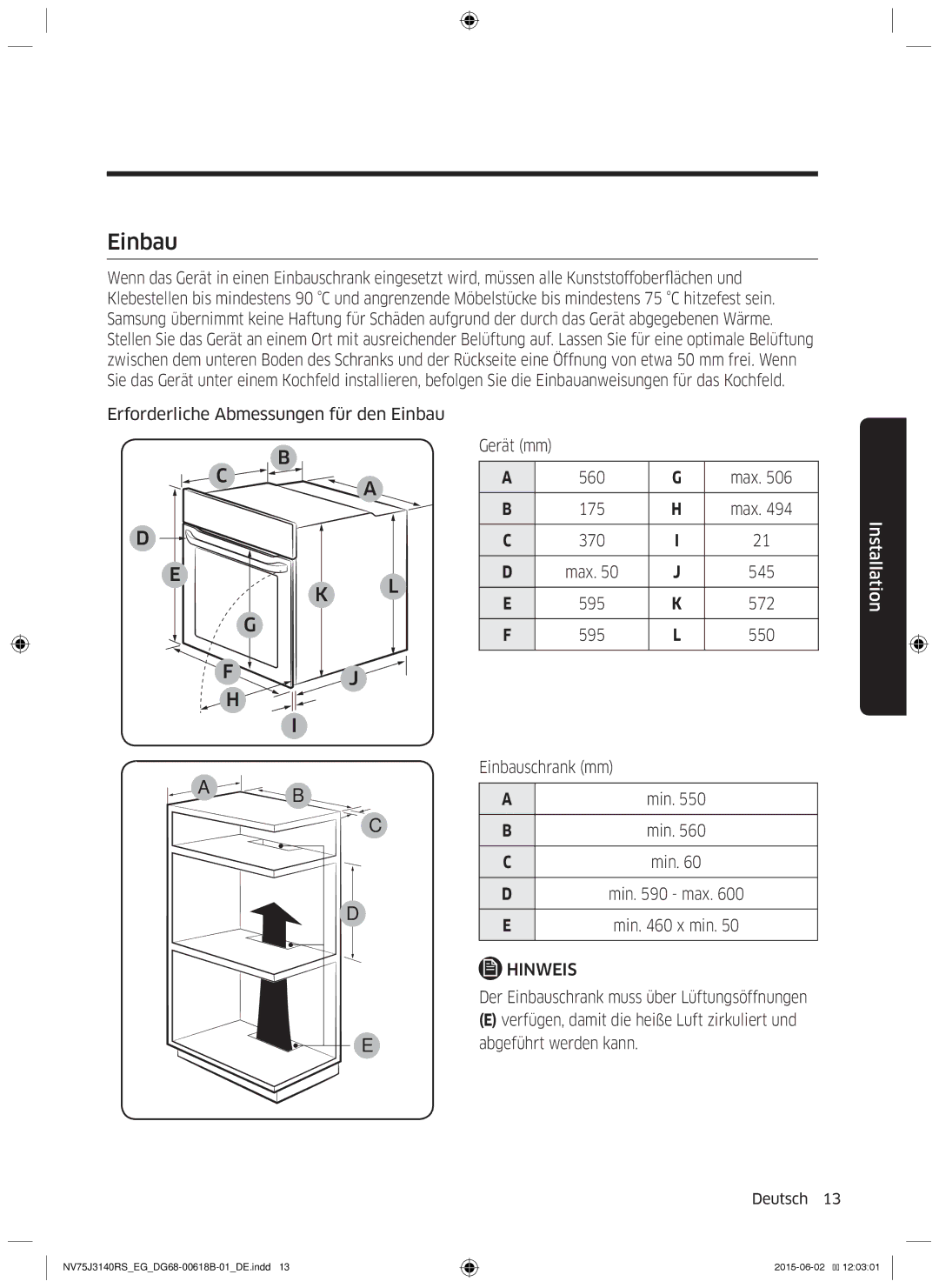 Samsung NV75J3140RS/EG manual Einbau 