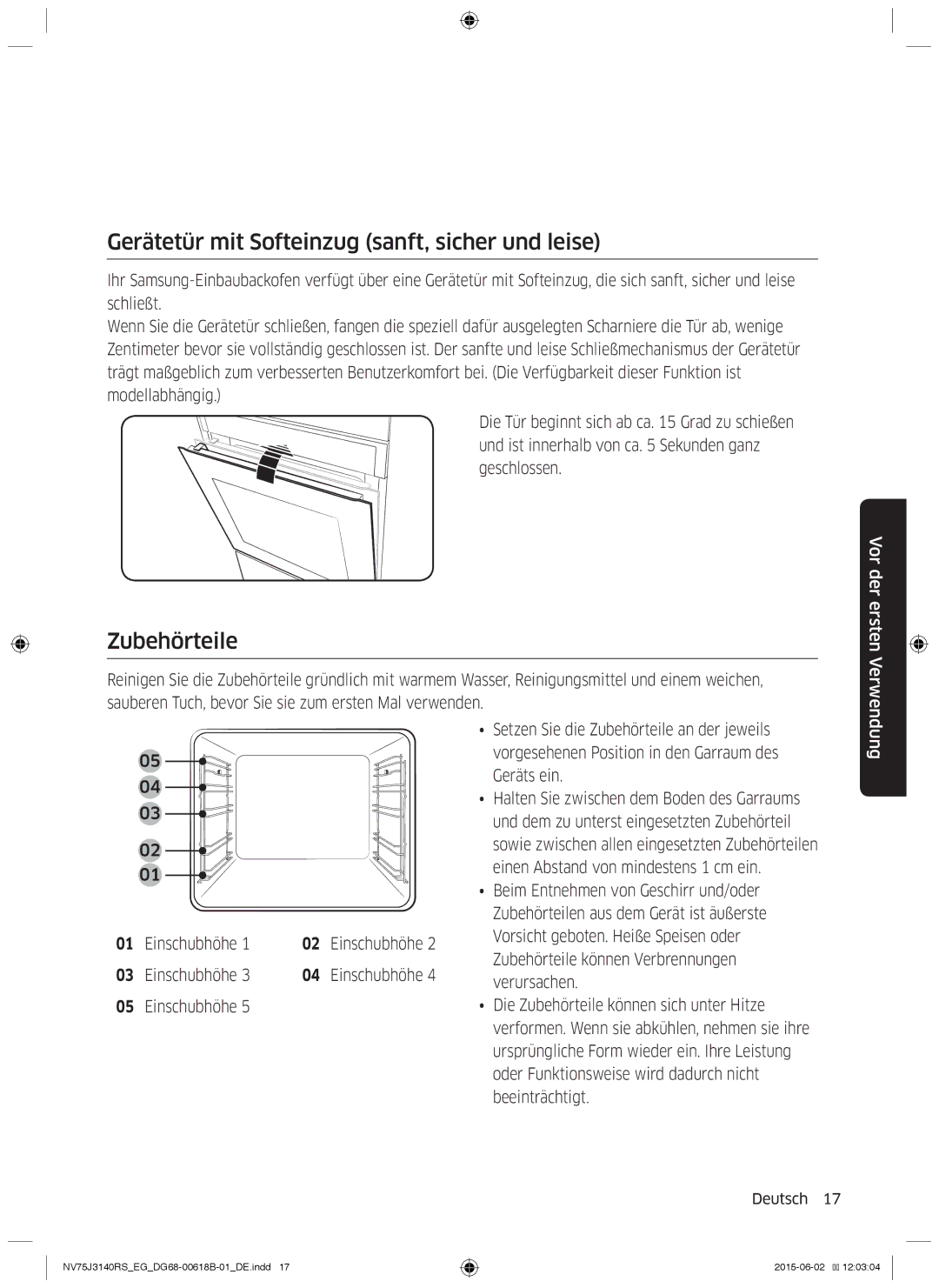 Samsung NV75J3140RS/EG manual Gerätetür mit Softeinzug sanft, sicher und leise, Zubehörteile, Einschubhöhe 