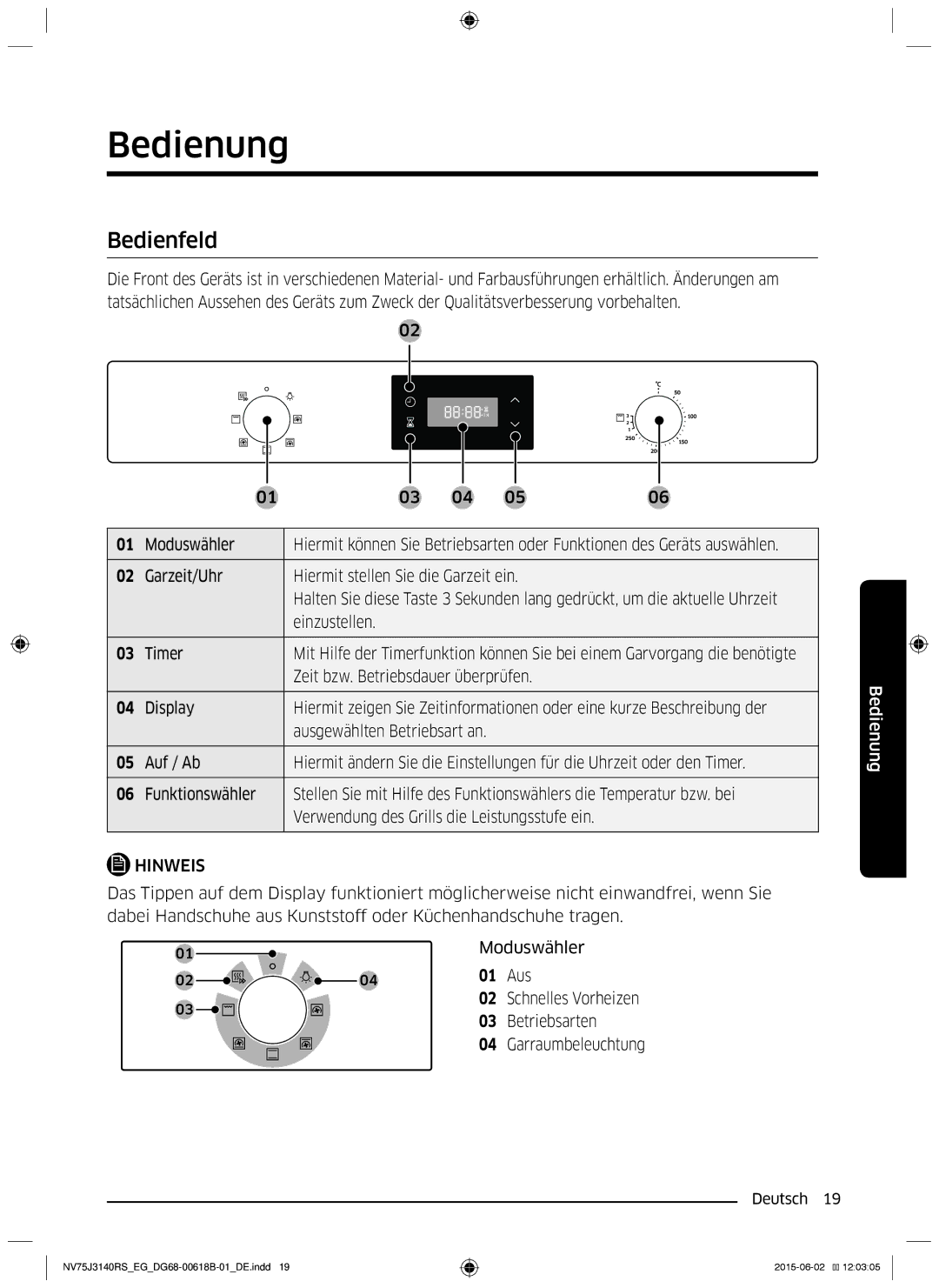 Samsung NV75J3140RS/EG manual Bedienung, Bedienfeld 