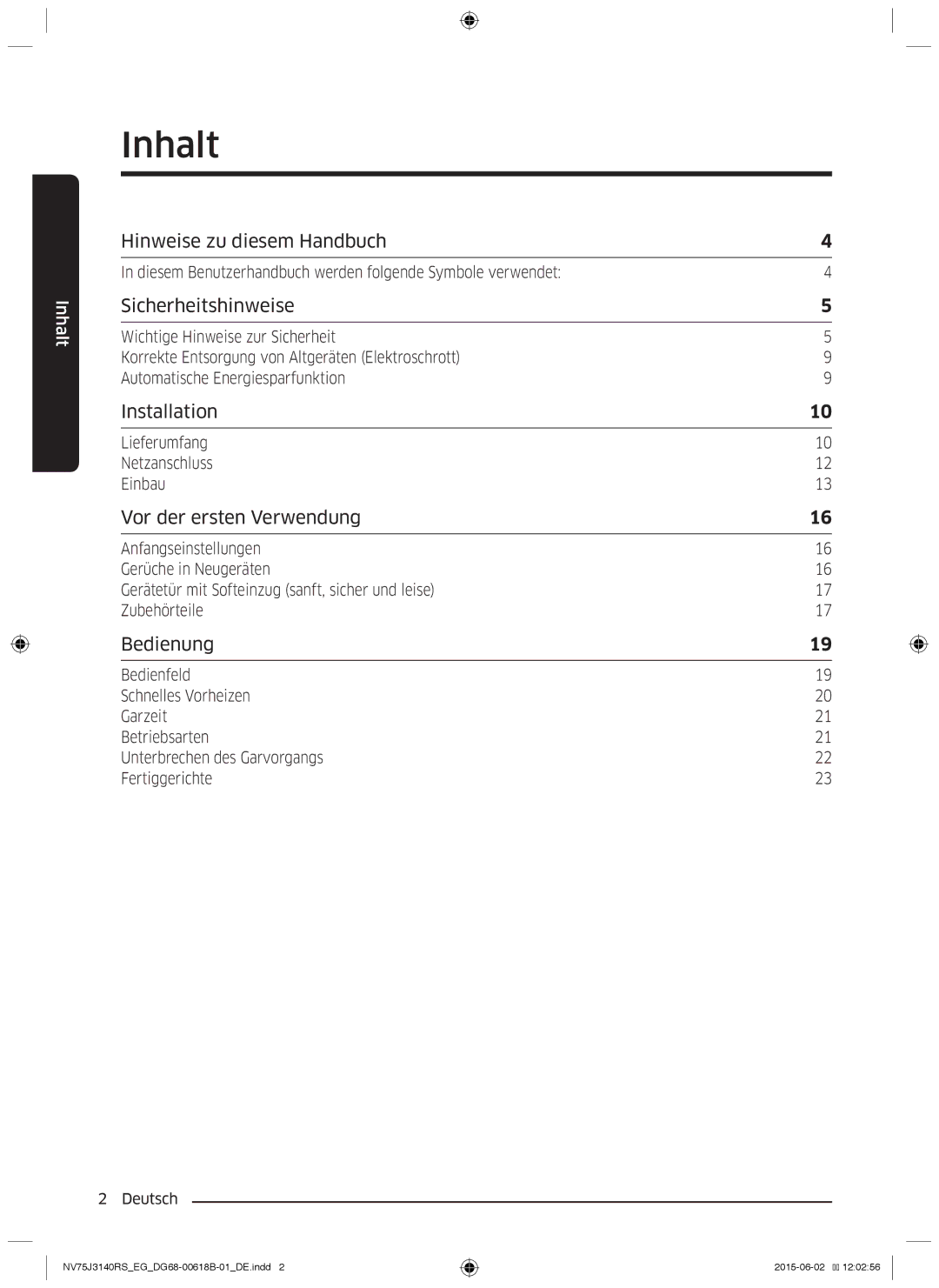 Samsung NV75J3140RS/EG manual Inhalt, Sicherheitshinweise 