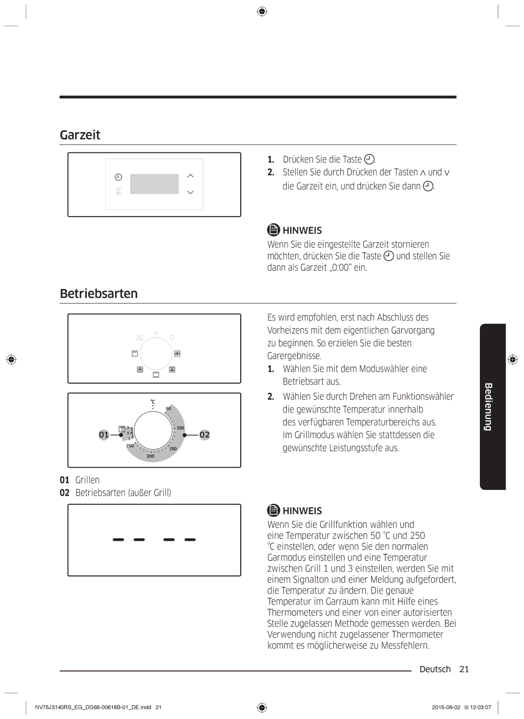 Samsung NV75J3140RS/EG manual Garzeit, Betriebsarten, Drücken Sie die Taste 