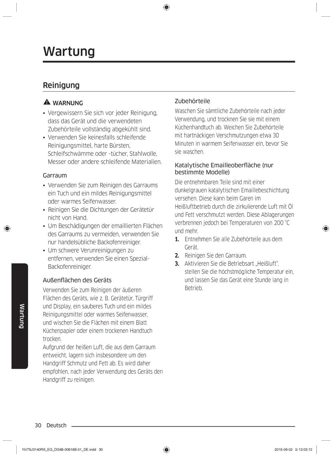 Samsung NV75J3140RS/EG manual Wartung, Reinigung 