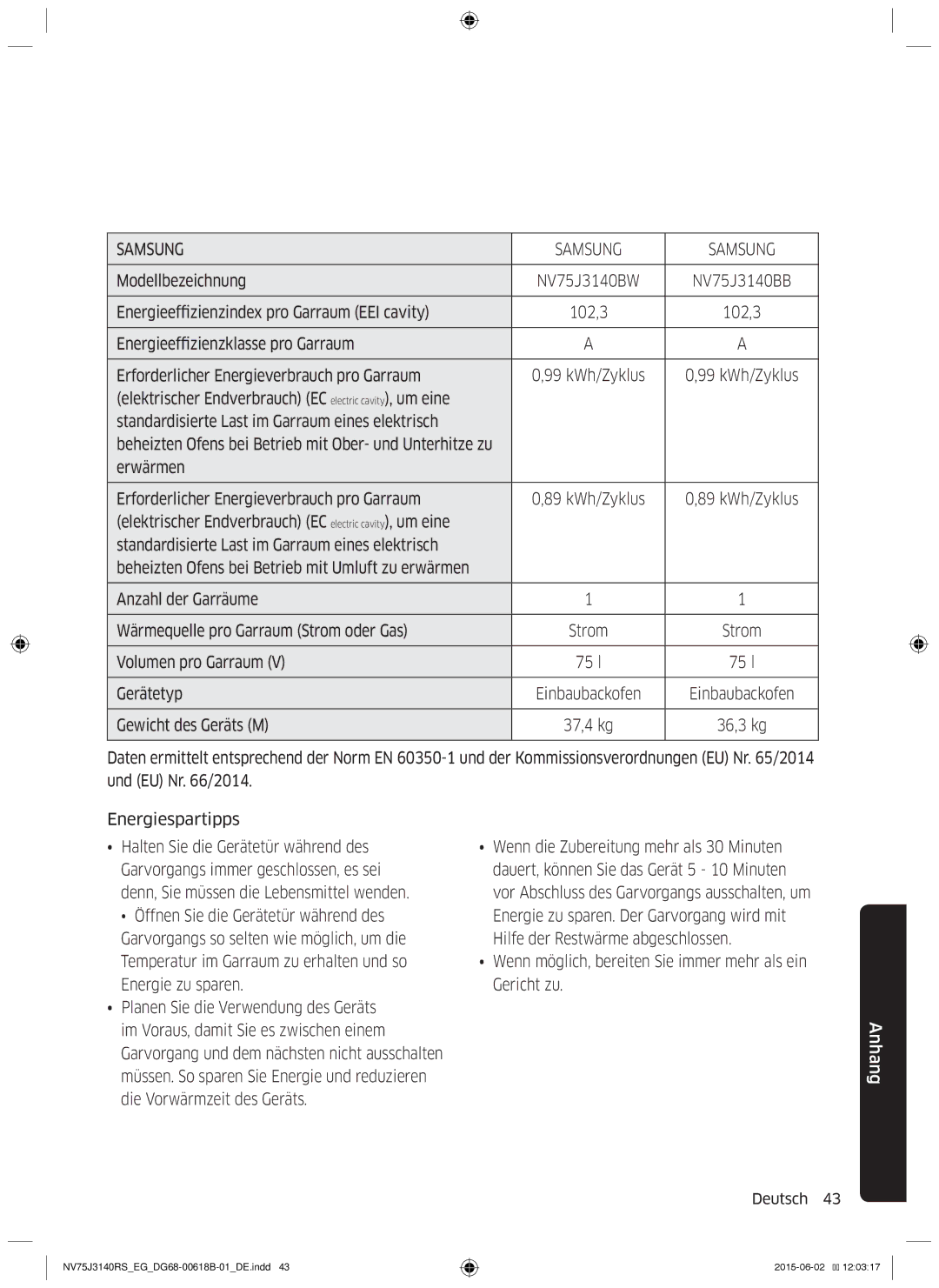 Samsung NV75J3140RS/EG manual Energieeffizienzindex pro Garraum EEI cavity 