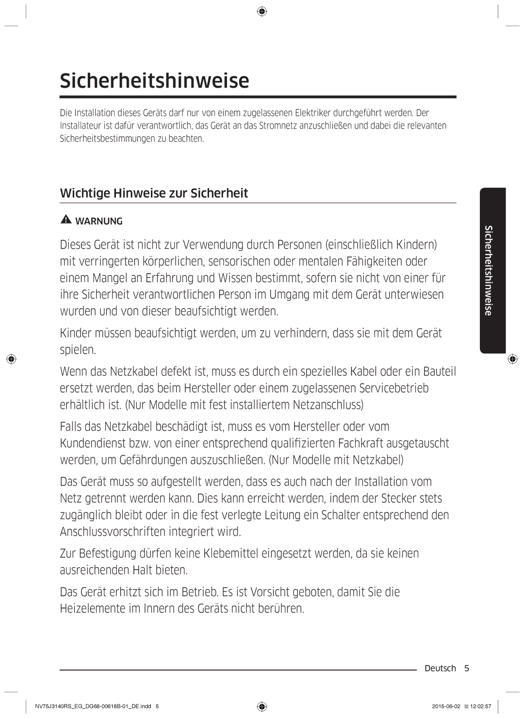 Samsung NV75J3140RS/EG manual Sicherheitshinweise, Wichtige Hinweise zur Sicherheit 