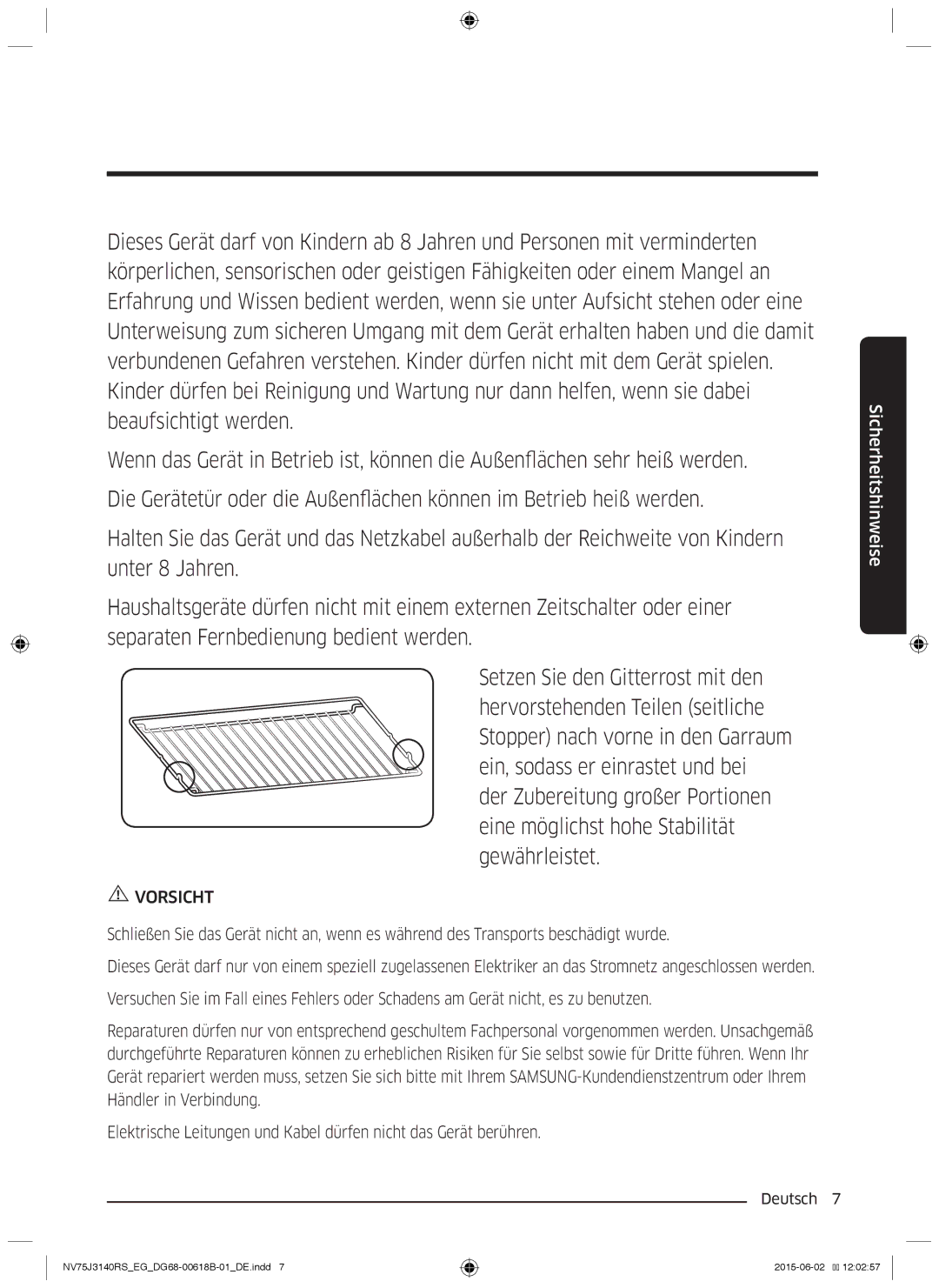 Samsung NV75J3140RS/EG manual Vorsicht 