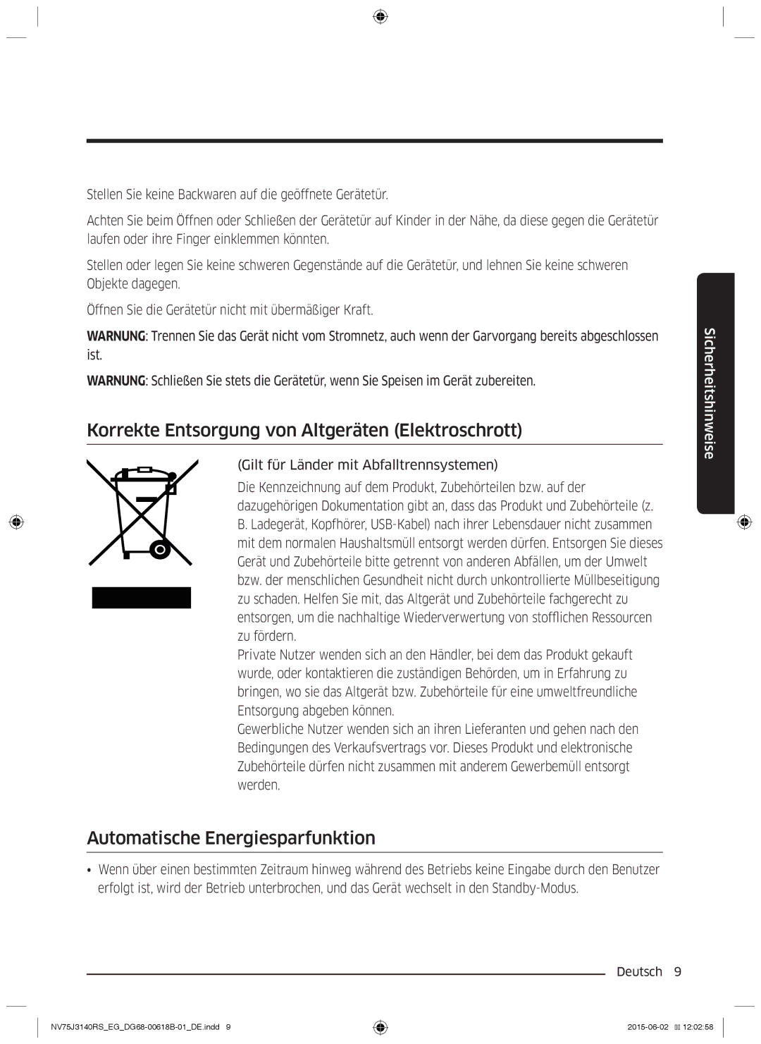 Samsung NV75J3140RS/EG manual Korrekte Entsorgung von Altgeräten Elektroschrott, Automatische Energiesparfunktion 