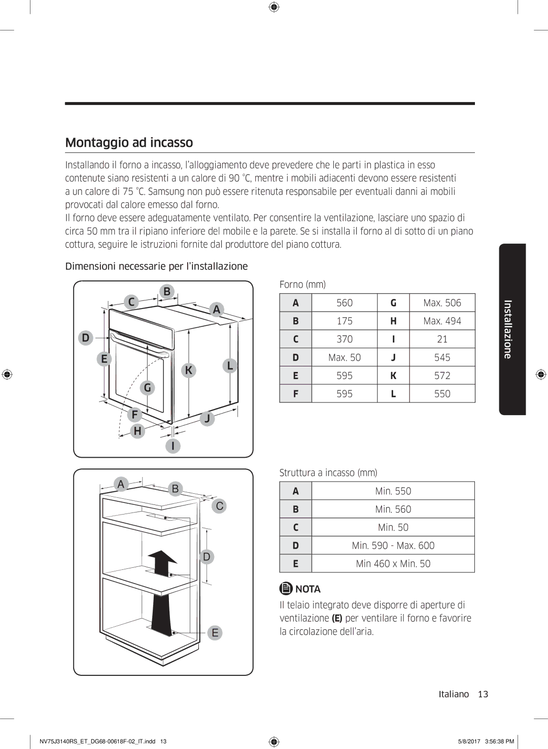 Samsung NV75J3140RS/ET manual Montaggio ad incasso, Min 