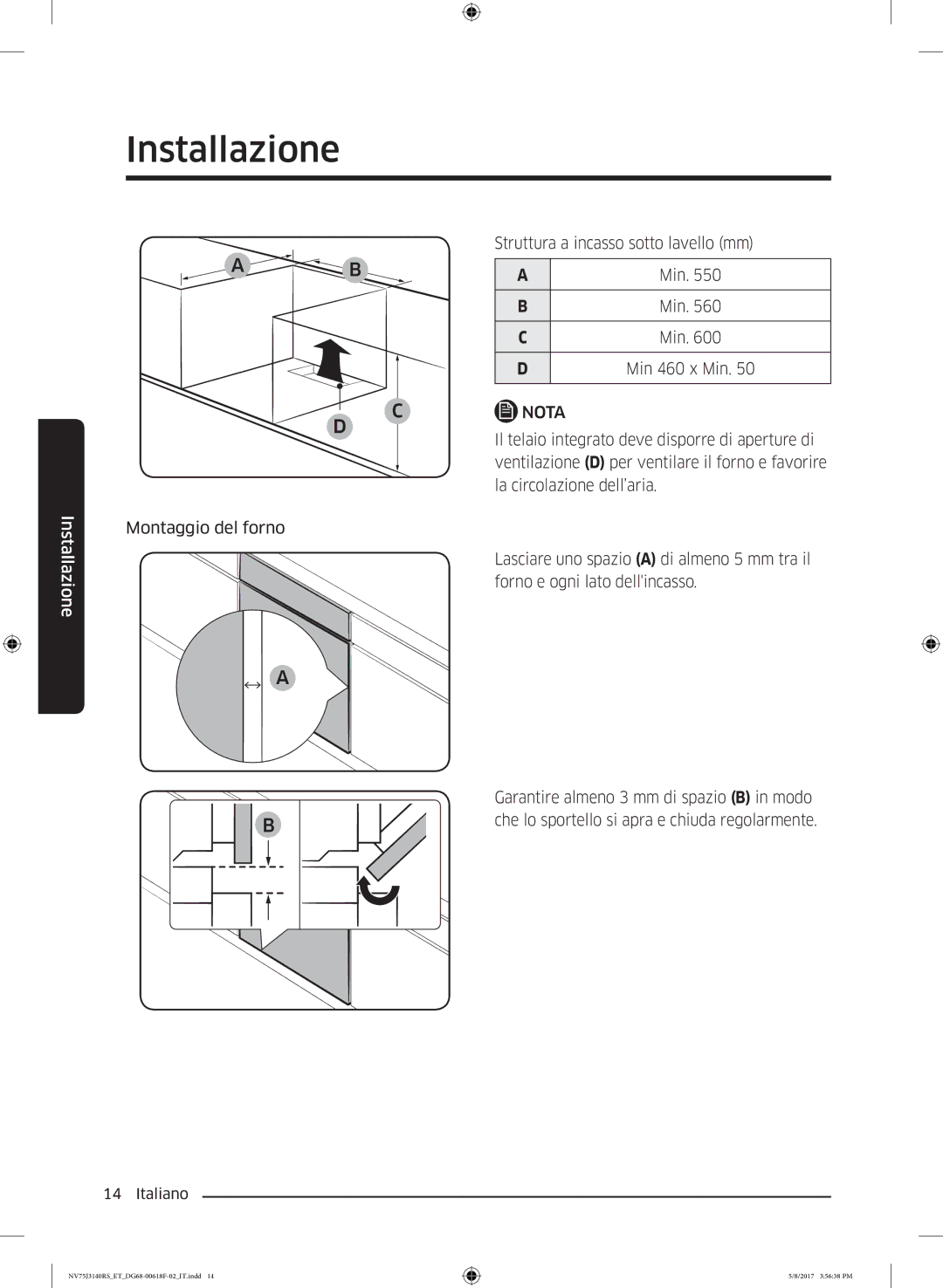 Samsung NV75J3140RS/ET manual Struttura a incasso sotto lavello mm 