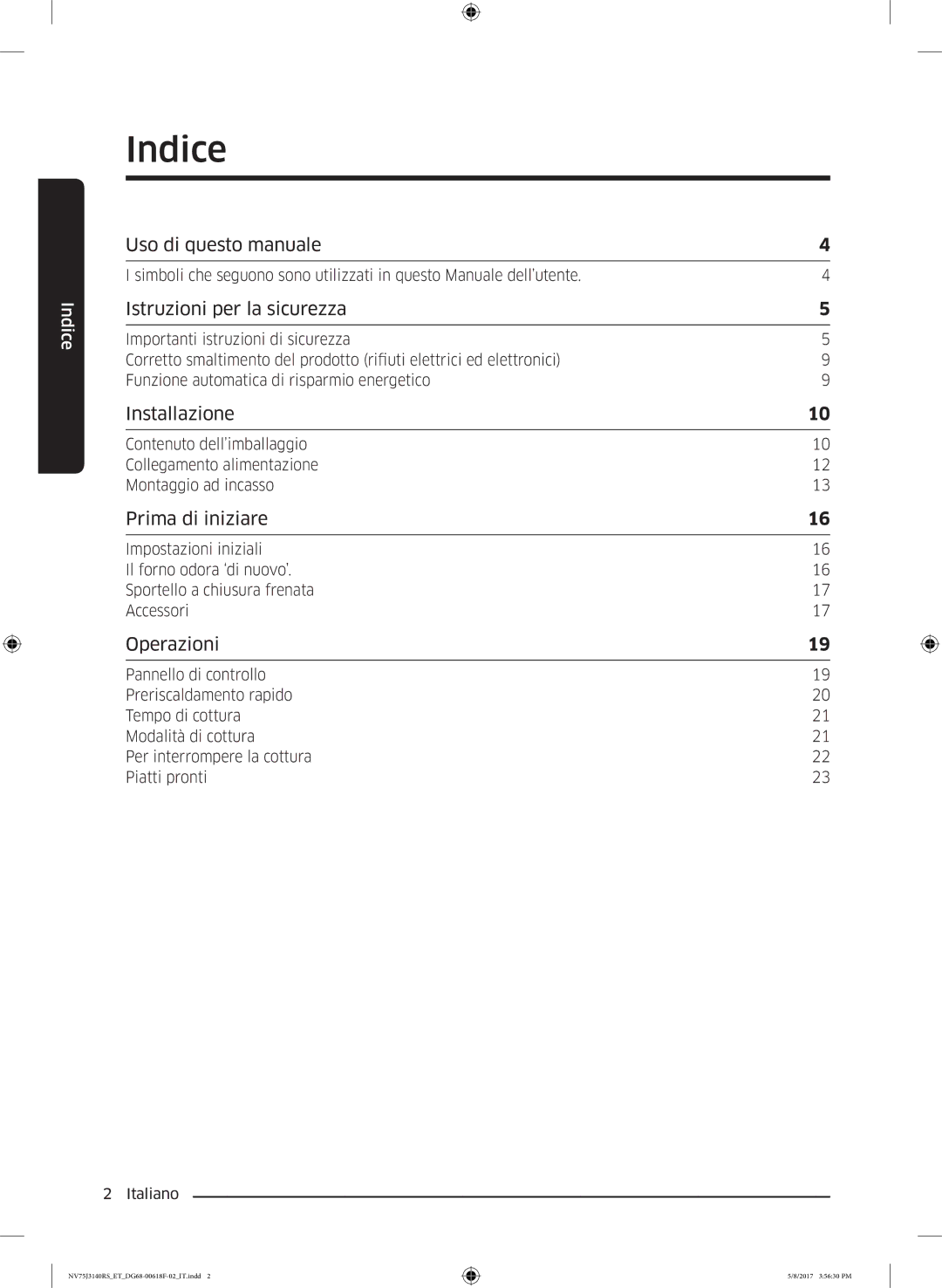 Samsung NV75J3140RS/ET manual Indice, Istruzioni per la sicurezza 