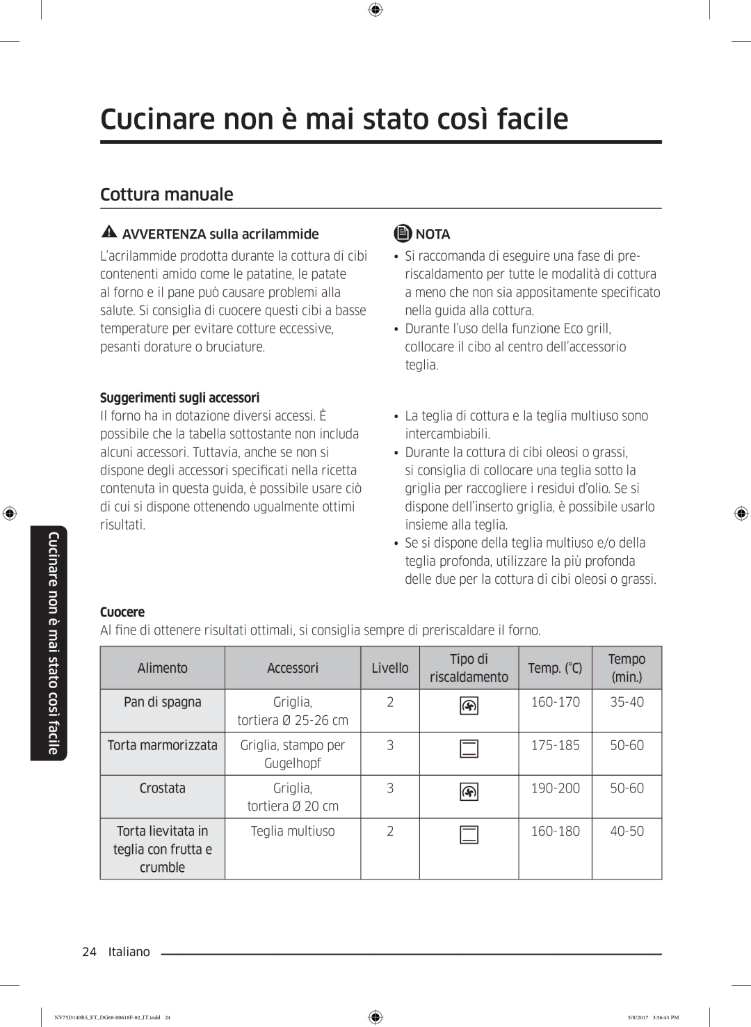 Samsung NV75J3140RS/ET Cucinare non è mai stato così facile, Cottura manuale, Suggerimenti sugli accessori, Cuocere 