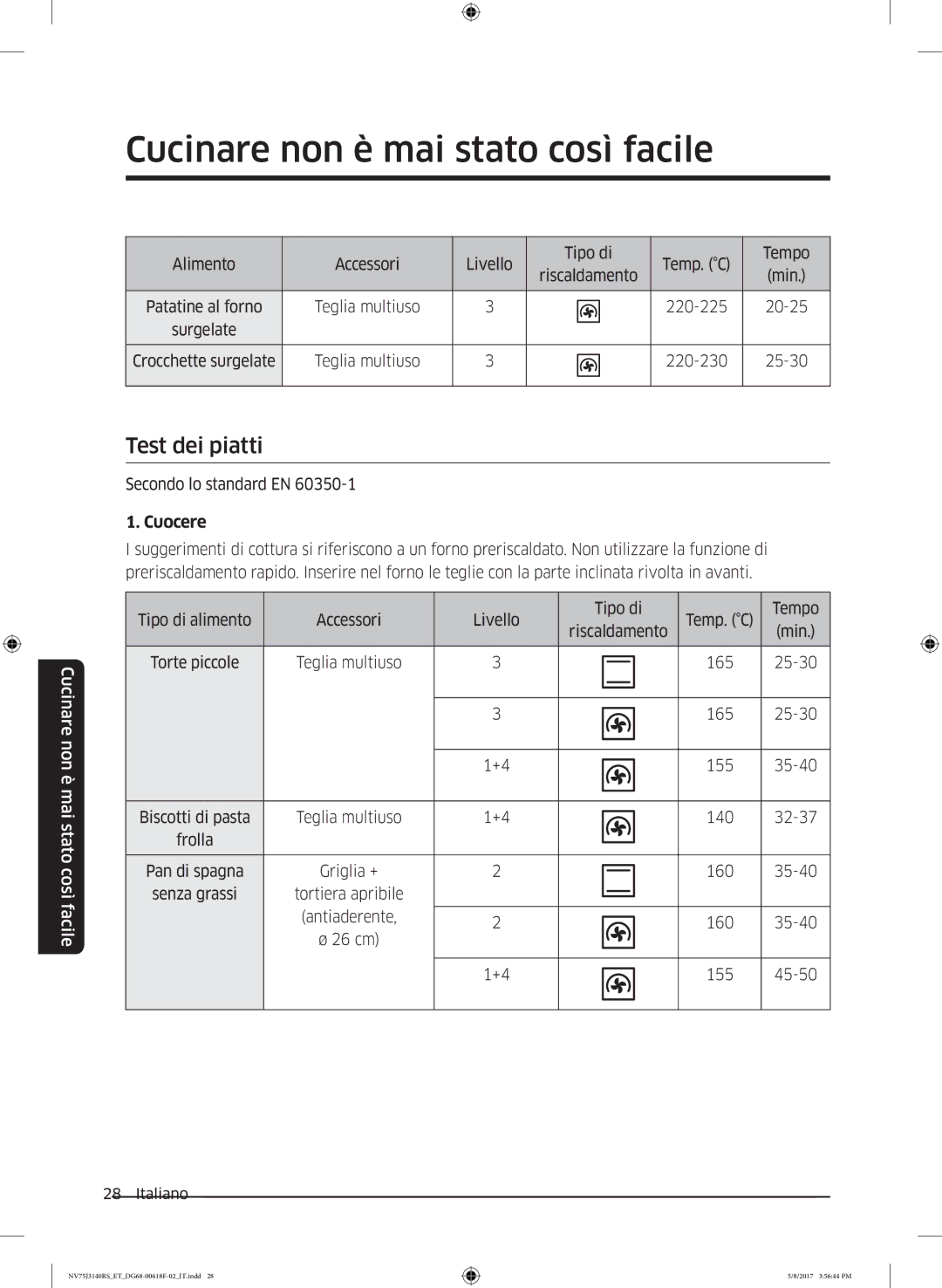 Samsung NV75J3140RS/ET manual Test dei piatti, Cuocere 