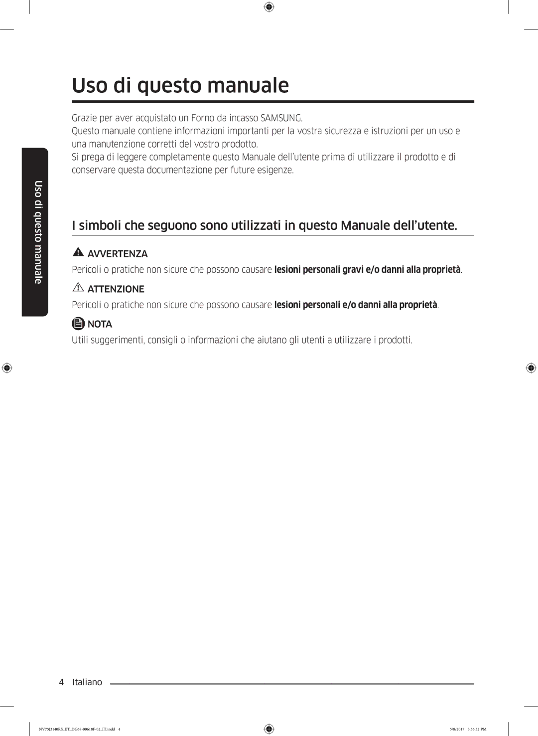 Samsung NV75J3140RS/ET Uso di questo manuale, Avvertenza 